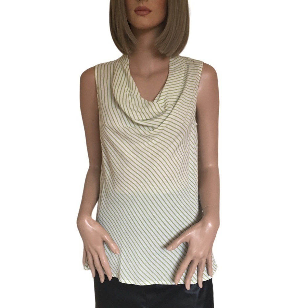 BANANA Republic Blouse 100% Rayon Cowl Neck Lime Green Stripe Top Tank Bias Cut
